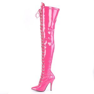 Pointed Toe Lace Up Thigh High Heel Boots